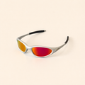 Oakley Minute silver sunglasses with red-orange mirrored lenses and black temple sleeves, three-quarter view.